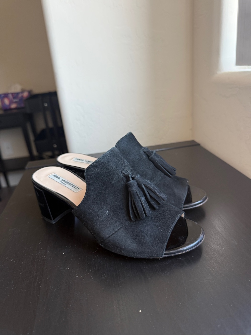 Karl Lagerfeld Black Suede Tassel Open-Toe Block Heel Mules